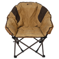 Comfortable folding chair, tan and brown canvas material, padded for extra support, perfect for camping.