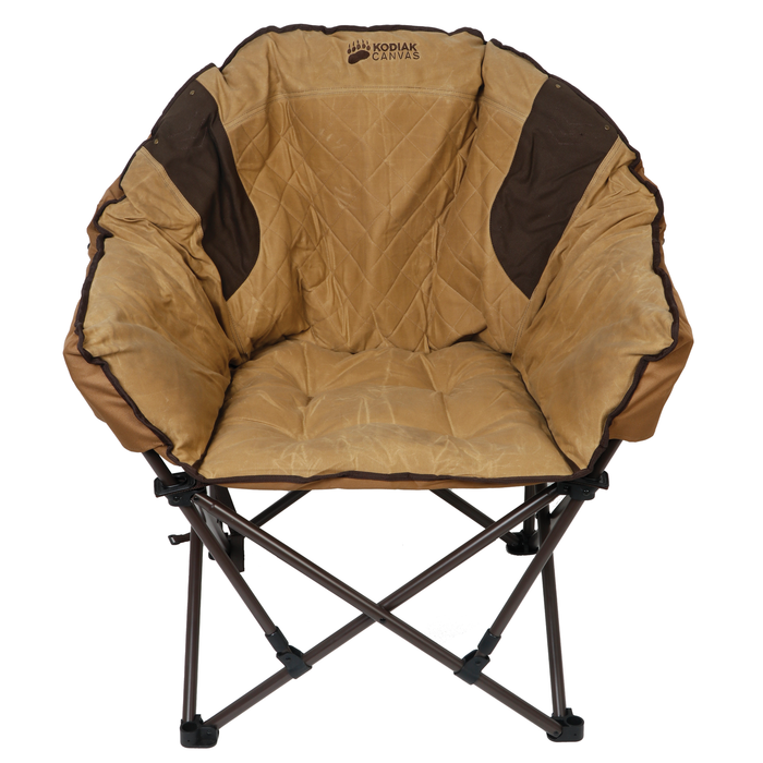 Comfortable folding chair, tan and brown canvas material, padded for extra support, perfect for camping.