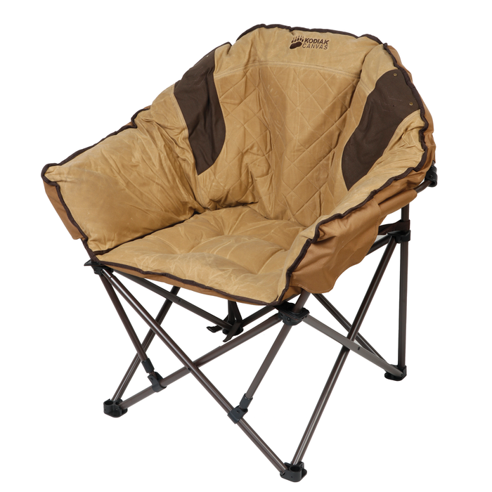 Comfortable oversized folding chair in tan and brown, featuring a cushioned seat and durable frame.