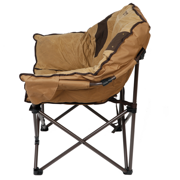 Comfortable brown folding camping chair with sturdy metal frame and plush fabric for outdoor relaxation.