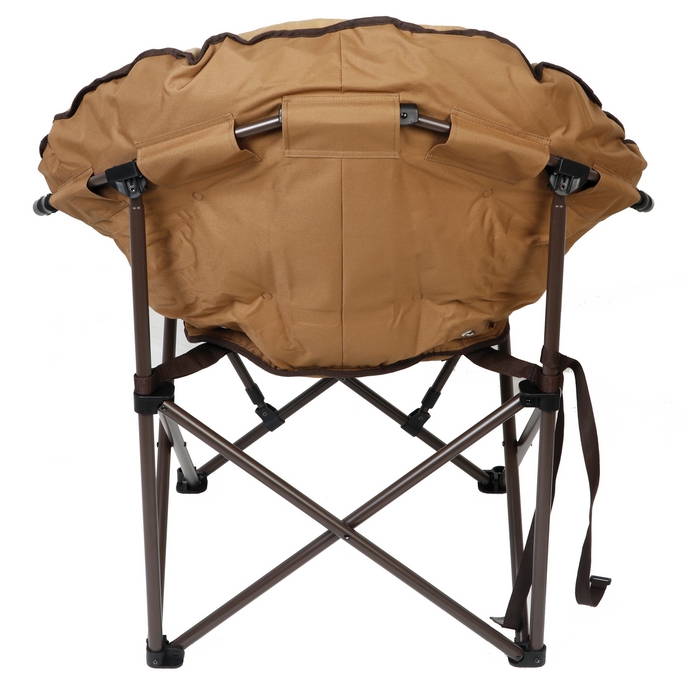 Brown folding camp chair with sturdy metal frame and padded backrest for comfort.