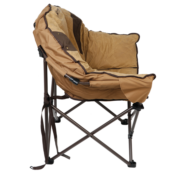 Comfortable collapsible camping chair in brown and tan, featuring a sturdy metal frame and plush seating.