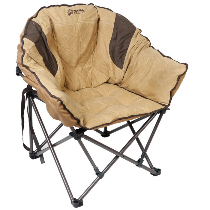 Comfortable Kodiak Canvas folding chair in tan and brown, quilted, perfect for outdoor relaxation.
