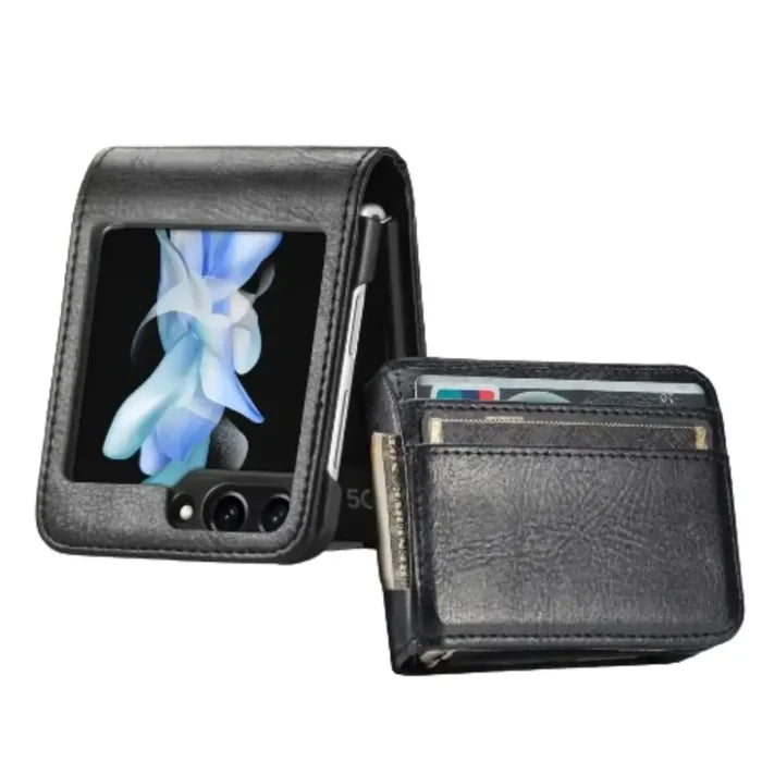 Habicare 9eight5 leather bag case for Samsung Z Flip series, stylish protective cover with precise cutouts and soft interior.