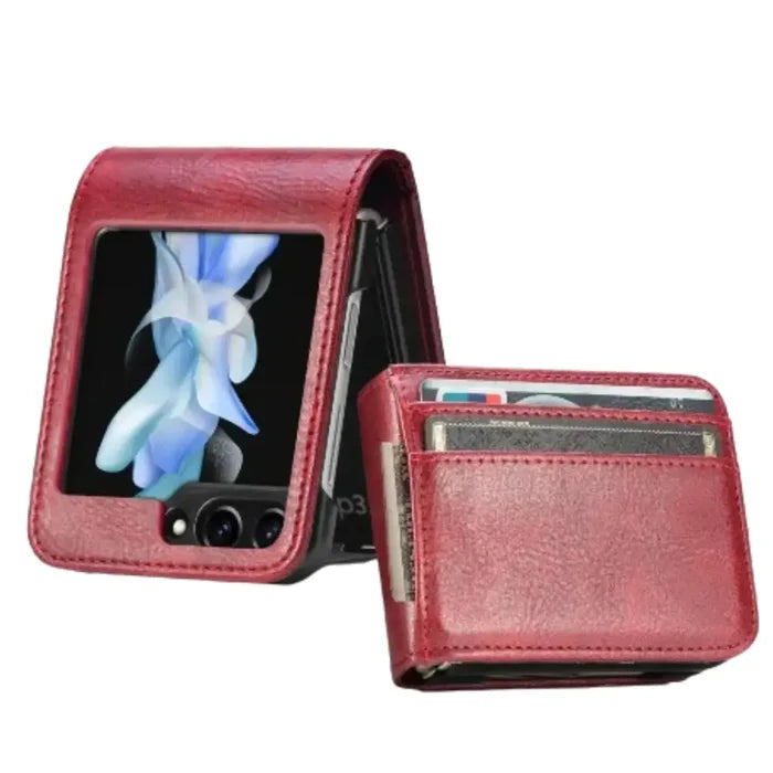 Habicare 9eight5 leather bag case for Samsung Z Flip series, stylish protective cover with secure closure and premium leather finish.