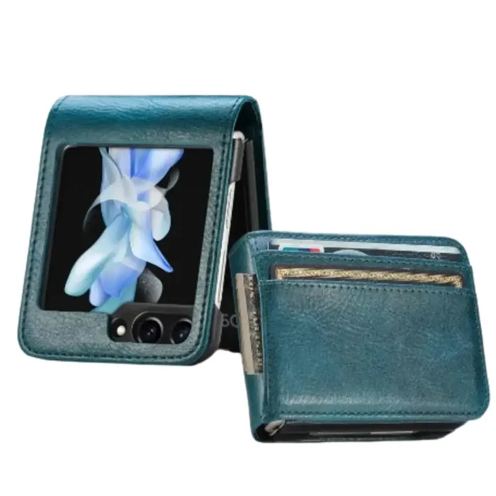Habicare 9eight5 leather bag case for Samsung Z Flip series, showing the sleek, protective design fitting the foldable smartphone.