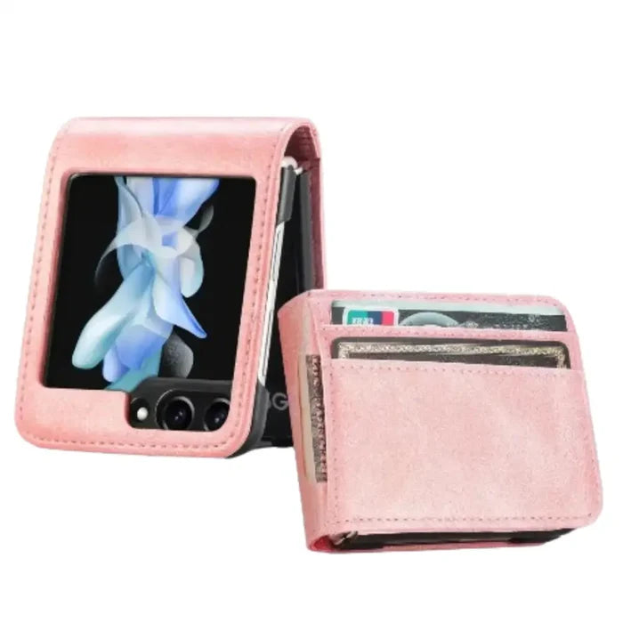 Leather bag case for Samsung Z Flip series by 9eight5, designed by Habicare, shown on a Samsung Z Flip smartphone.