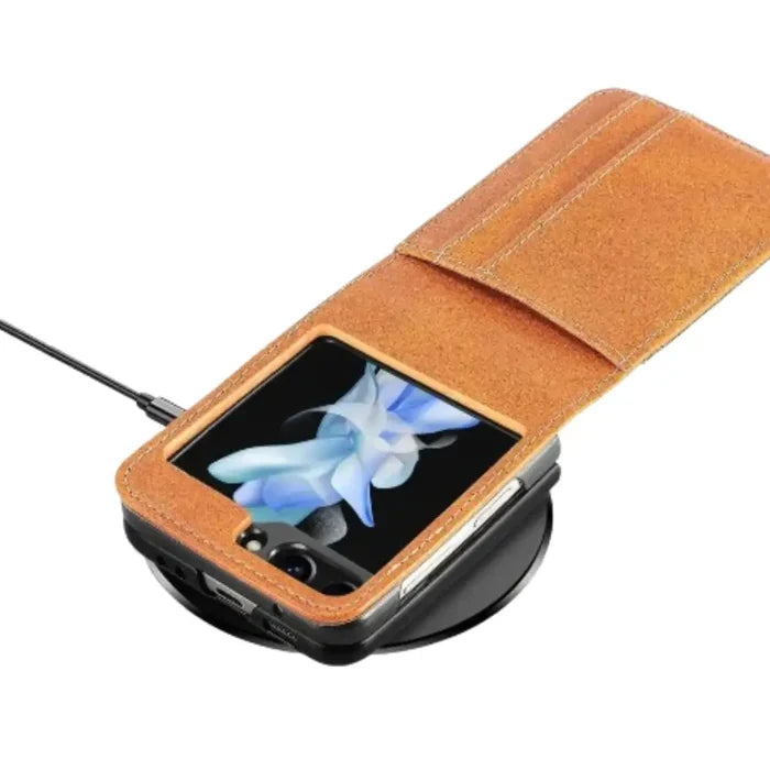 Leather bag case for Samsung Z Flip series by Habicare, designed to protect and stylishly hold the phone in a sleek 9eight5 style.