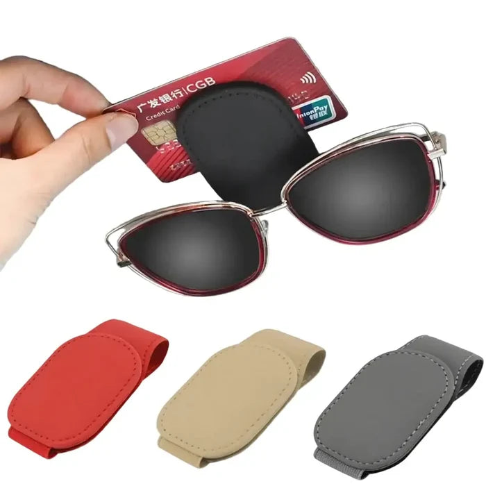 HBC Habicare leather car sunglasses and card holder clip showing sleek black leather with metal clip and card slots