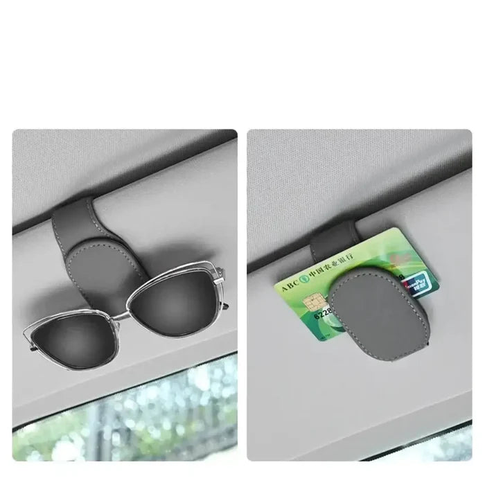 HBC Habicare leather car sunglasses and card holder clip showing a sleek brown leather design with metal clip attachment