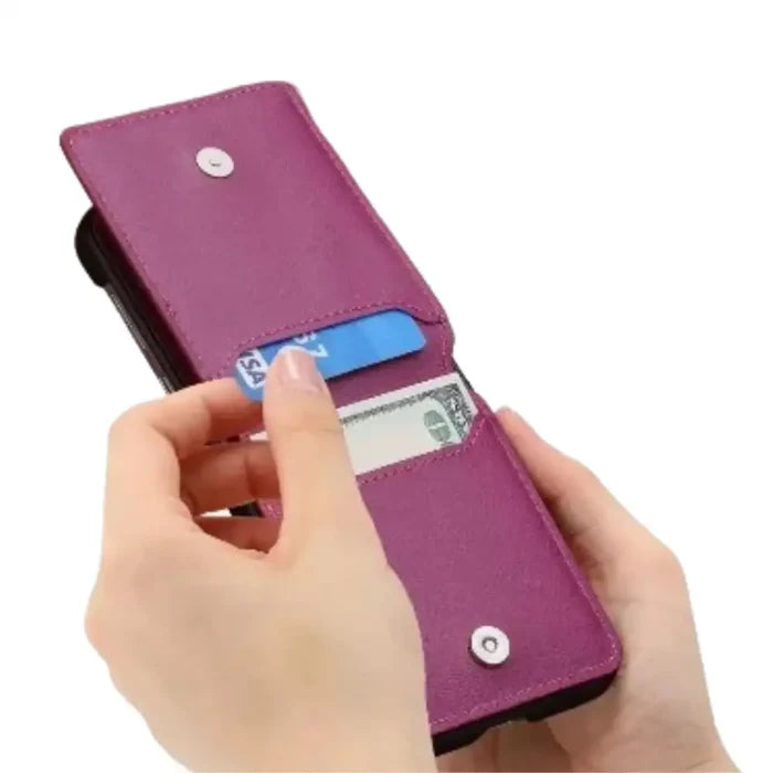 Leather case for Galaxy Z Flip series by 9eight5, shown in a stylish black color, designed to protect and complement the phone.