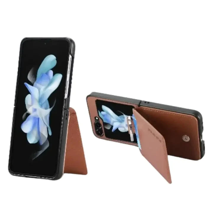 Habicare 9eight5 leather case for Galaxy Z Flip series in 7 vibrant colors, showing the sleek protective cover on the phone.