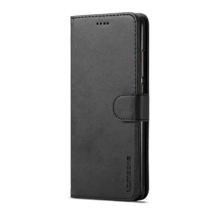 Black leather flip cover for Samsung Galaxy series by Habicare, featuring magnetic closure and stylish design.