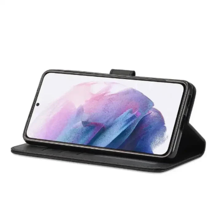 Black leather flip cover for Samsung Galaxy series by Habicare, featuring magnetic closure and slim profile.