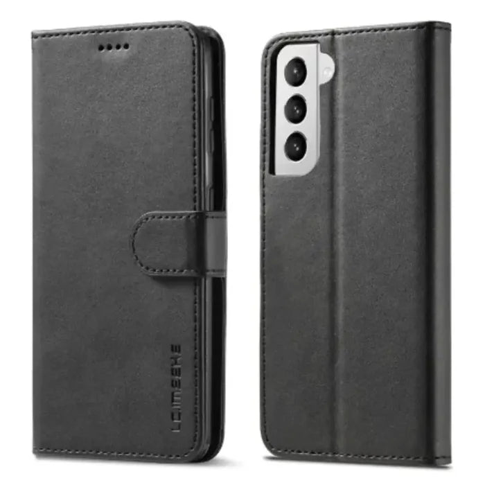 Black leather flip cover for Samsung Galaxy Series by Habicare, featuring magnetic closure and durable leather material.