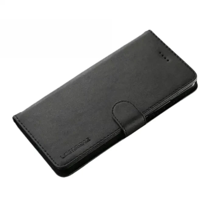 Black leather flip cover for Samsung Galaxy series by Habicare, featuring magnetic closure and precise cutouts.