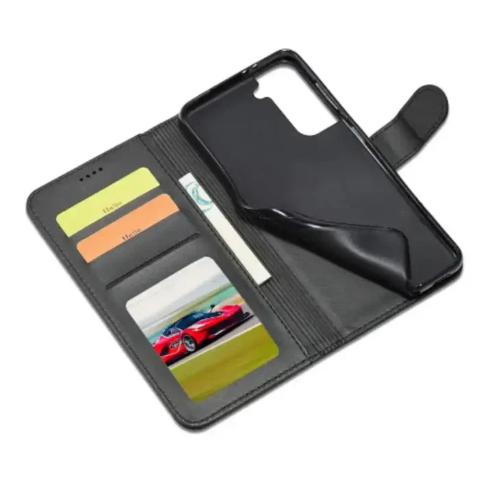 Black leather flip cover for Samsung Galaxy series by Habicare, featuring magnetic closure and stylish protection.