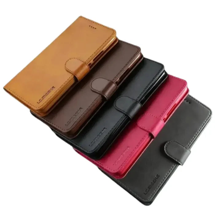 Black leather flip cover for Samsung Galaxy series by Habicare, featuring magnetic closure and durable leather design.
