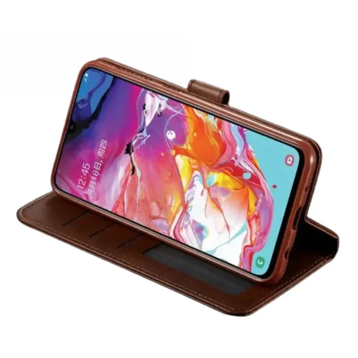 Brown leather flip cover for Samsung Galaxy by Habicare, featuring magnetic closure and precise cutouts.