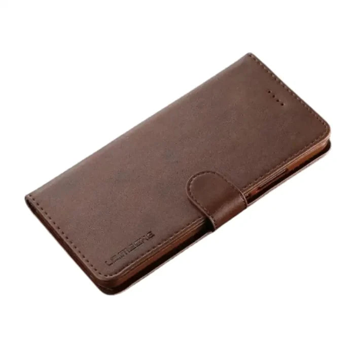Brown leather flip cover for Samsung Galaxy smartphones by Habicare, featuring magnetic closure and protective design.