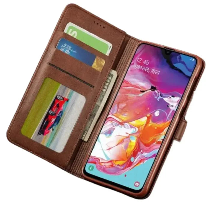 Brown leather flip cover for Samsung Galaxy by Habicare, featuring magnetic closure and stylish protection.