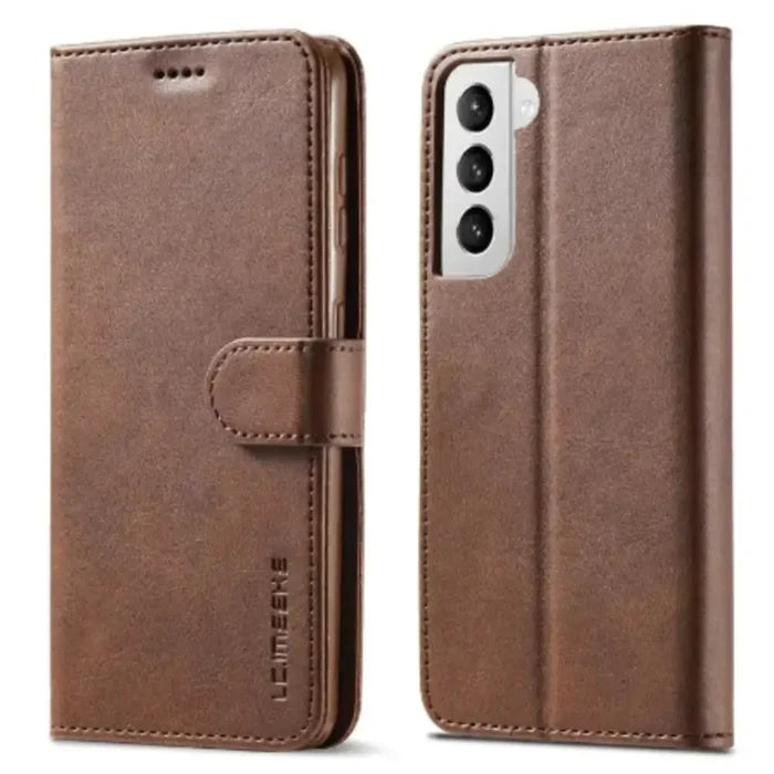 Brown leather flip cover for Samsung Galaxy by 9eight5 from Habicare, featuring magnetic closure and precise device fit.