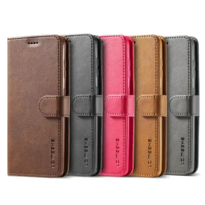 Brown leather flip cover for Samsung Galaxy from 9eight5 by Habicare, featuring magnetic closure and precise cutouts.