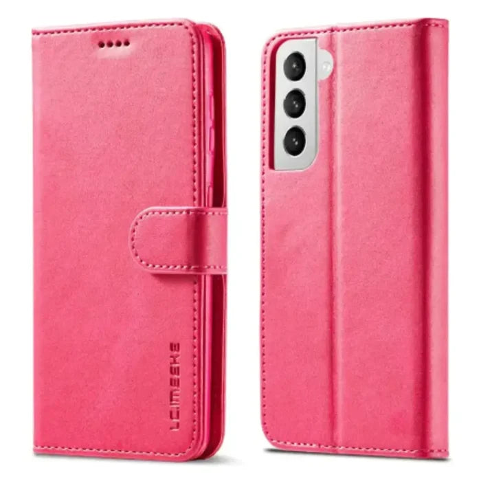 Habicare 9eight5 leather flip cover for Samsung Galaxy in rose red, featuring magnetic closure and precise phone protection.