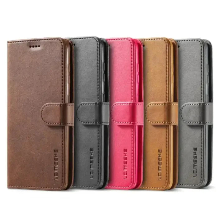 Habicare 9eight5 leather flip cover for Samsung Galaxy in rose red, with magnetic clasp and protective front flap.