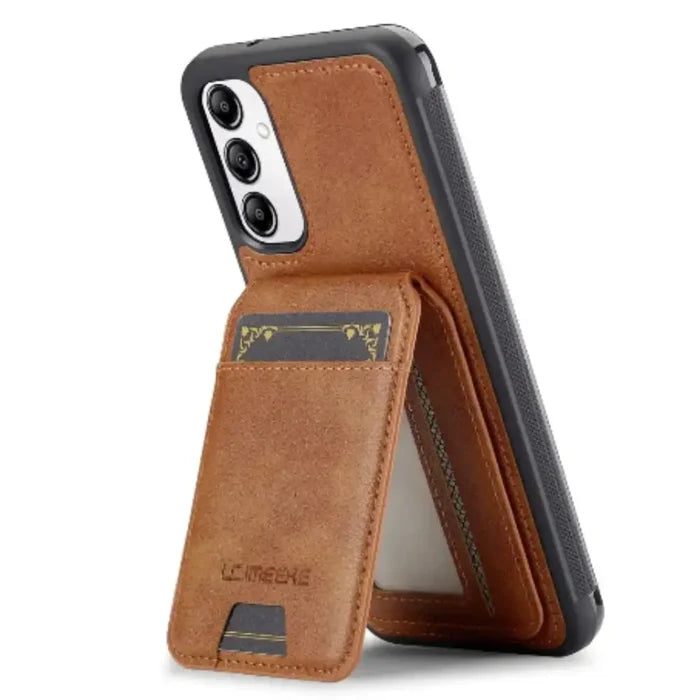 Brown leather wallet case for Samsung S/A series by Habicare, featuring a magnetic closure and card slots.
