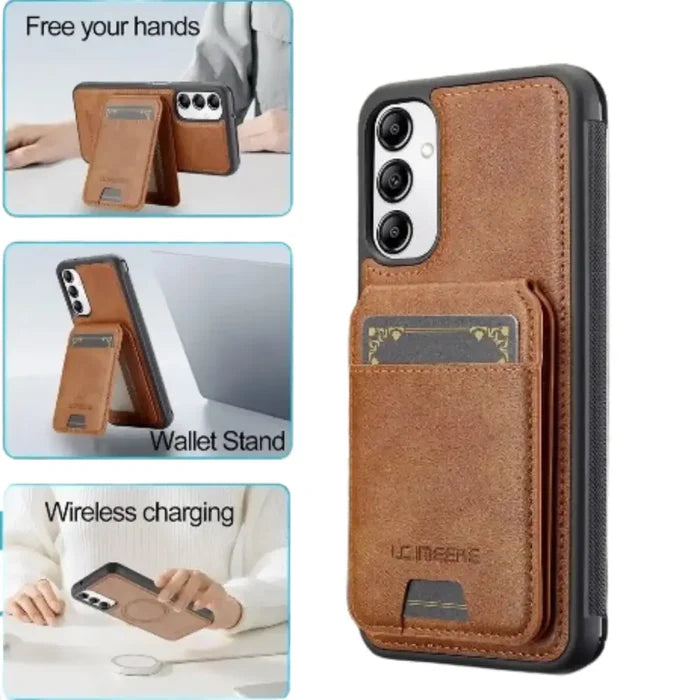 Brown leather wallet case for Samsung S/A series by Habicare, featuring magnetic closure and card slots, designed for 9eight5.