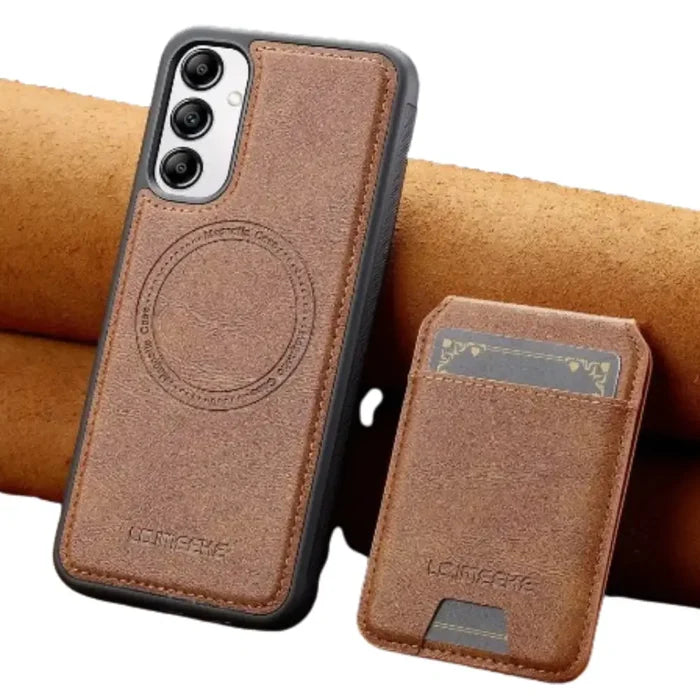 Brown leather wallet case for Samsung S/A Series by 9eight5 from Habicare, featuring magnetic closure and card slots.