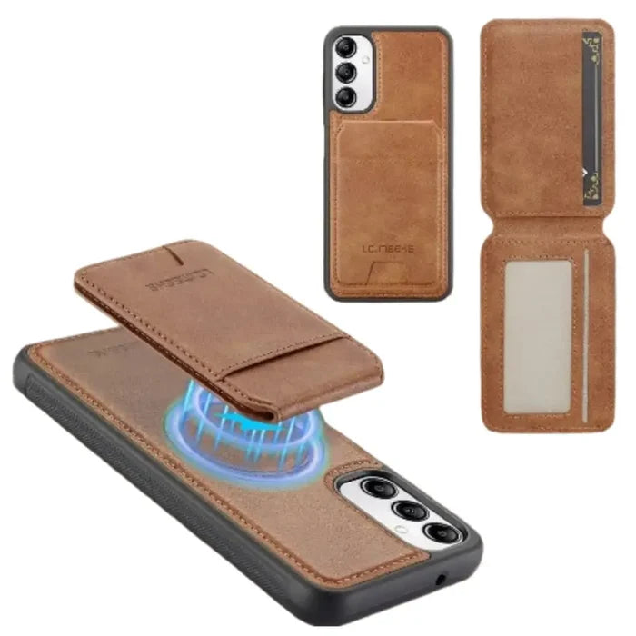 Brown leather wallet case for Samsung S/A Series by 9eight5, featuring magnetic closure and card slots for convenience.