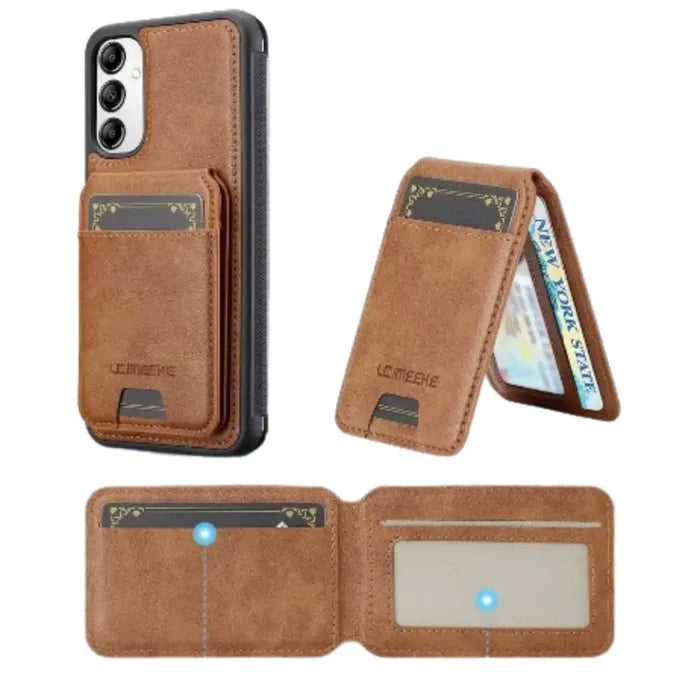 Brown leather wallet case for Samsung S/A series by Habicare, featuring magnetic closure and card slots.