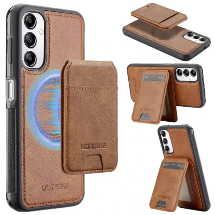 Brown leather wallet case for Samsung S/A series by Habicare, featuring magnetic closure and card slots for convenience.