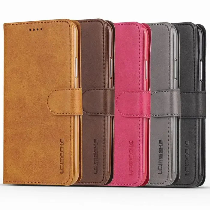 Habicare 9eight5 leather flip wallet case for iPhone 17 series, available in five colors, with card slots and secure closure.