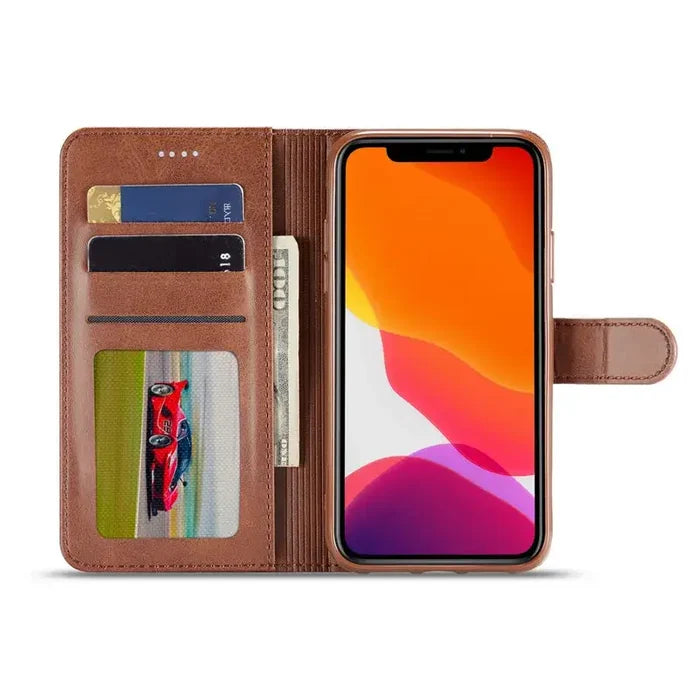 Habicare 9eight5 leather flip wallet case for iPhone 17 series in five colors, featuring slim design and card slots.