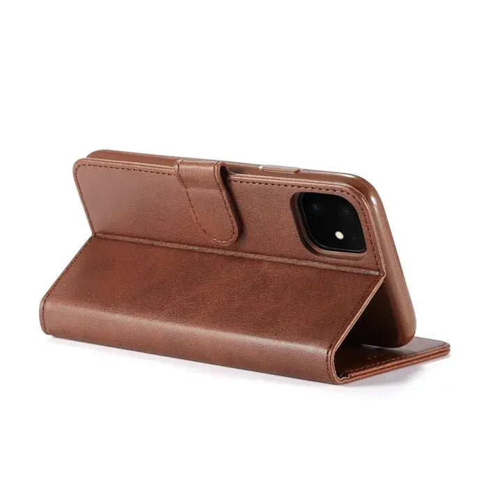 Habicare 9eight5 leather flip wallet case for iPhone 17 series in five colors, showing front view with card slots and wallet features.
