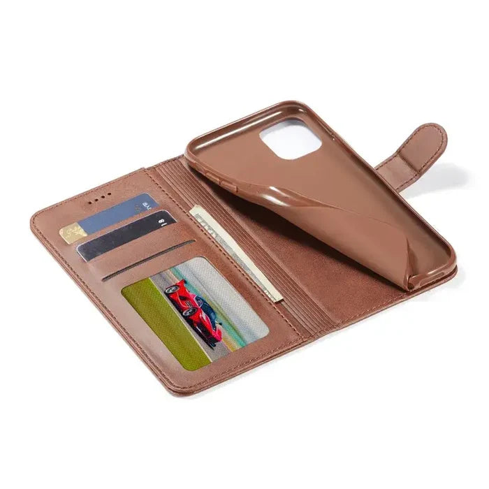 Habicare 9eight5 leather flip wallet case for iPhone 17 series in five colors, featuring a sleek, protective design with card slots.