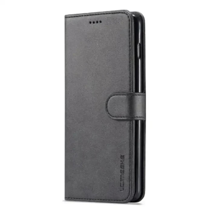 Black leather flip case for Samsung Galaxy, 9eight5 brand by Habicare, designed to protect and stylishly carry your phone.