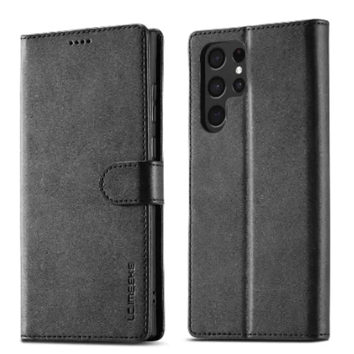 Black leather flip wallet case for Samsung Galaxy series by 9eight5, designed by Habicare, showing the front view with card slots.
