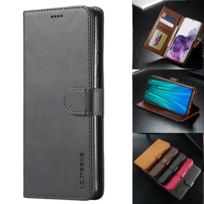 Black leather flip wallet case for Samsung Galaxy by 9eight5, designed by Habicare, featuring card slots and secure closure.