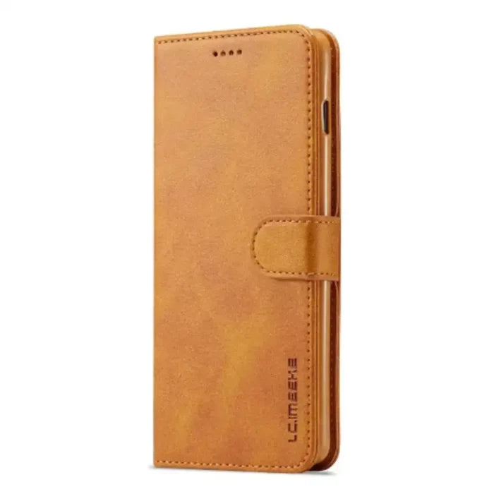 Yellow leather flip wallet case for Samsung Galaxy by Habicare, featuring card slots and a secure cover.