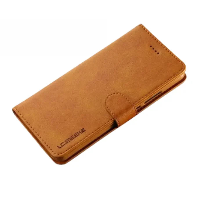 Yellow leather flip wallet case for Samsung Galaxy, 9eight5 by Habicare, featuring card slots and protective cover.