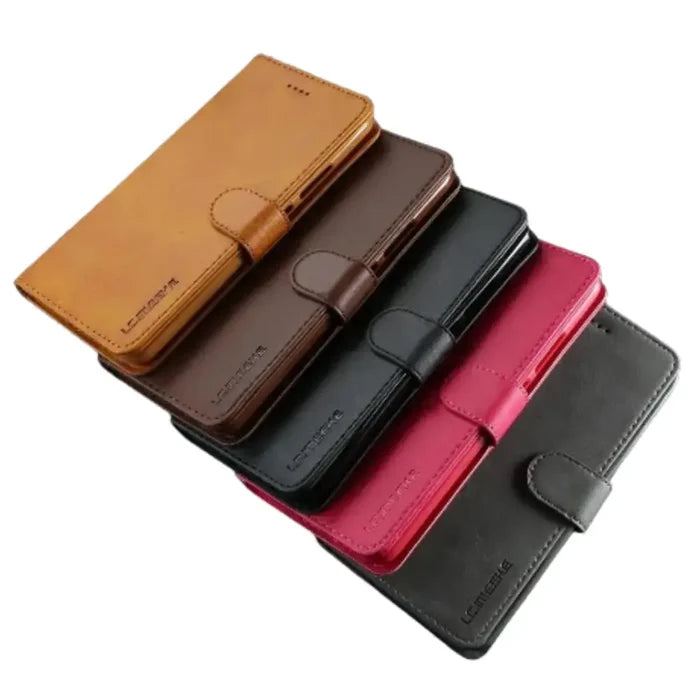 Yellow leather flip wallet case for Samsung Galaxy phones by 9eight5, designed by Habicare with card slots and protective cover.