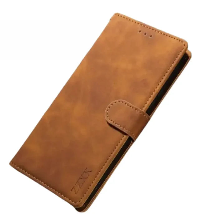 Brown leather flip case for Samsung Note and S Series by Habicare, featuring a stylish and protective wallet design.