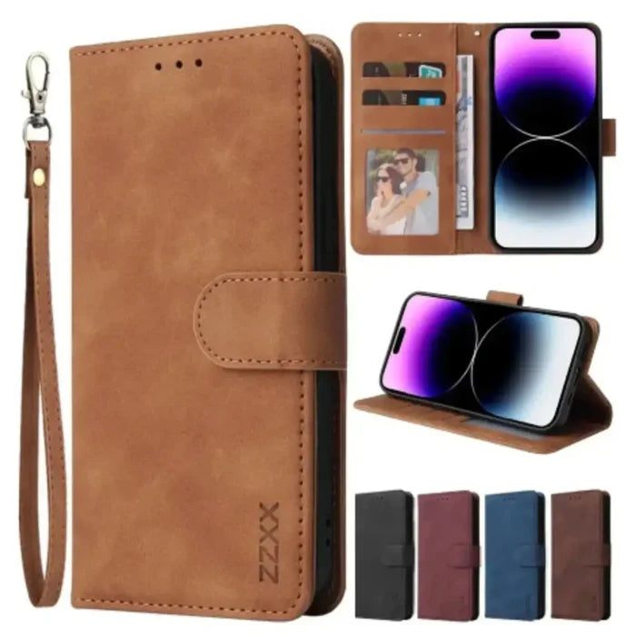 Brown leather flip wallet case for Samsung Note and S Series by Habicare, featuring card slots and a secure closure.