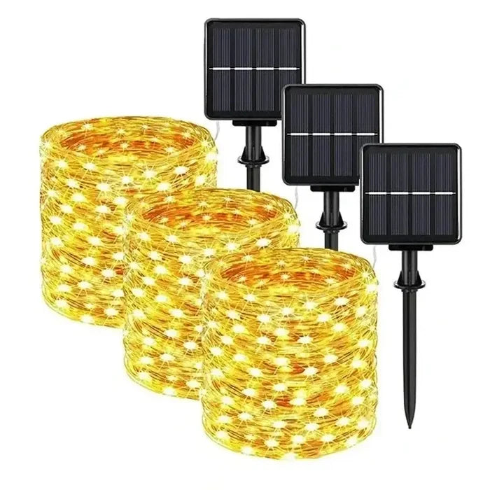 Habicare LED Solar Fairy String Lights in various lengths, featuring warm white LED bulbs for outdoor or indoor decoration