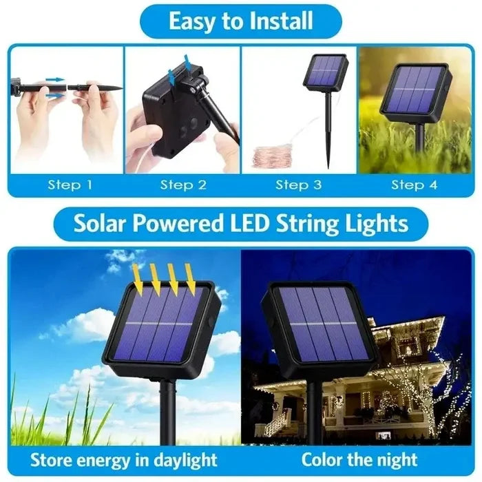 Habicare LED solar fairy string lights in various lengths, featuring SS design, ideal for outdoor decorative lighting.
