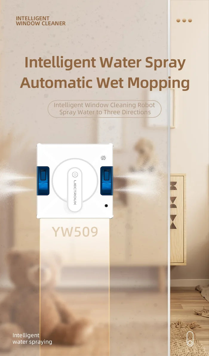 Liectroux YW509 robot window cleaner with 4-way water spray cleaning large glass windows efficiently.